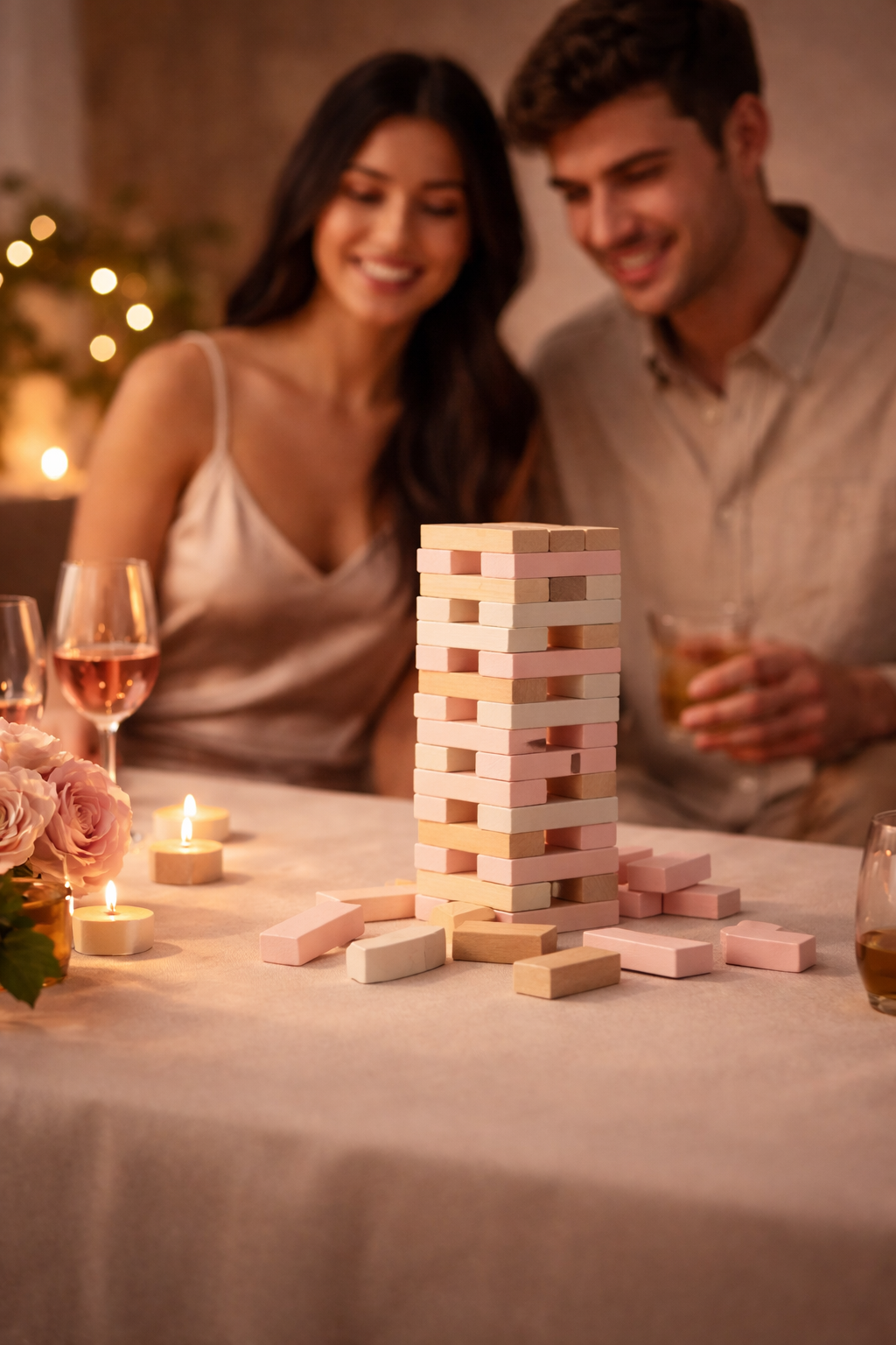 Paar spielt DateNightPlay am Tisch bei Kerzenlicht – romantischer Spieleabend zu zweit